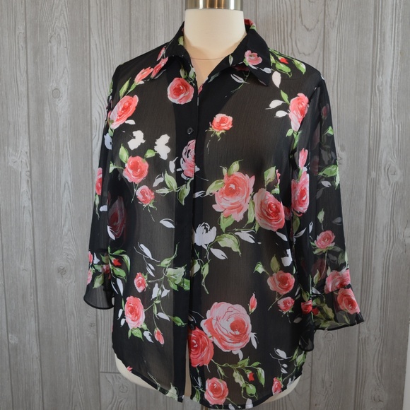 Notations Tops - Gorgeous Long Sleeve Floral Sheer Top PLUS SIZE 1X